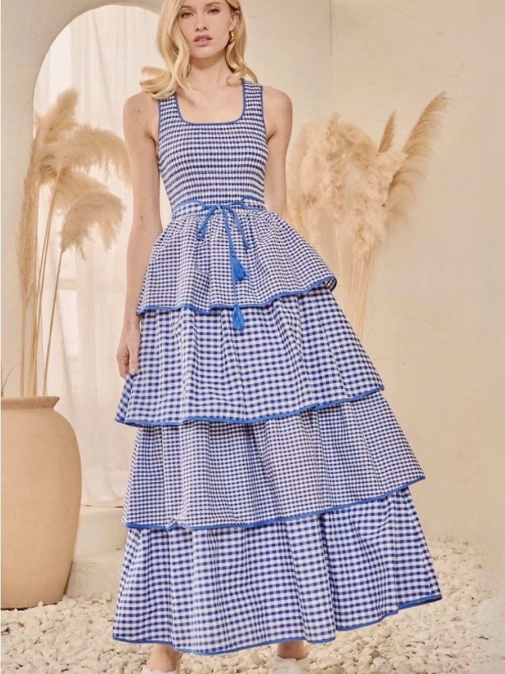 Sugarlips Blue Gingham Tiered Maxi Dress